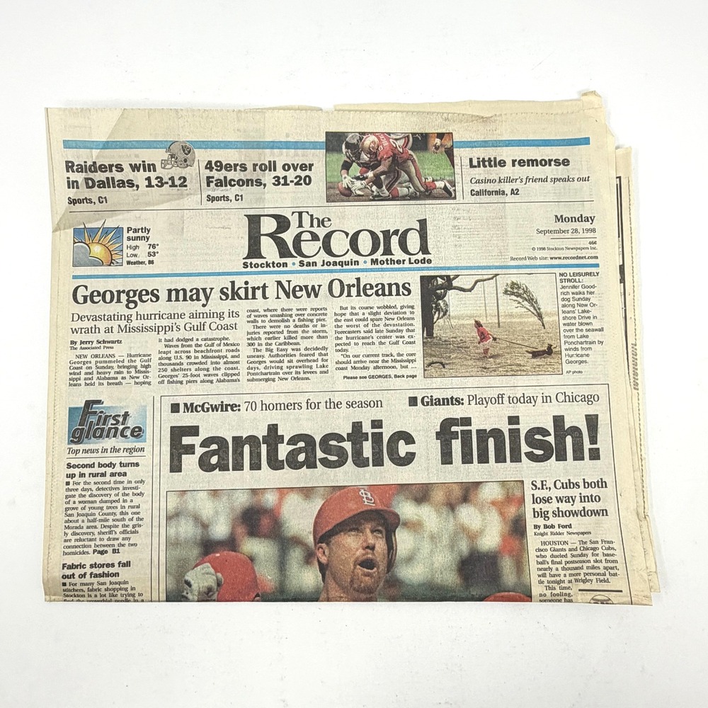Mark McGwire 70 Home Runs Cardinals Baseball The Record Newspaper Sept 28 1998